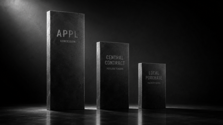 Three channels into Malaysia's public sector drug market shown as descending monolith blocks: APPL procured under the Pharmaniaga concession, the Central Contract pooled tender, and facility level Local Purchase under a RM 500,000 ceiling