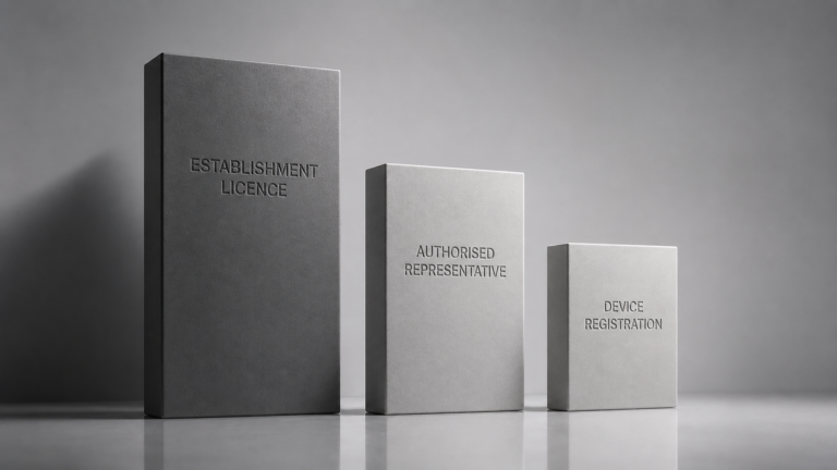 Three descending monolith blocks labelled Establishment Licence, Authorised Representative, and Device Registration, representing the tripartite structure a foreign manufacturer must navigate to access the Malaysian medical device market