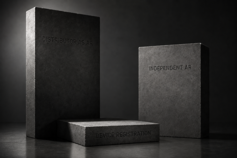 Three concrete monolith slabs on a dark studio floor. A dominant shadowed slab labelled Distributor as AR and a lighter balanced slab labelled Independent AR stand over a low block labelled Device Registration, with the distributor slab's shadow falling across the registration.