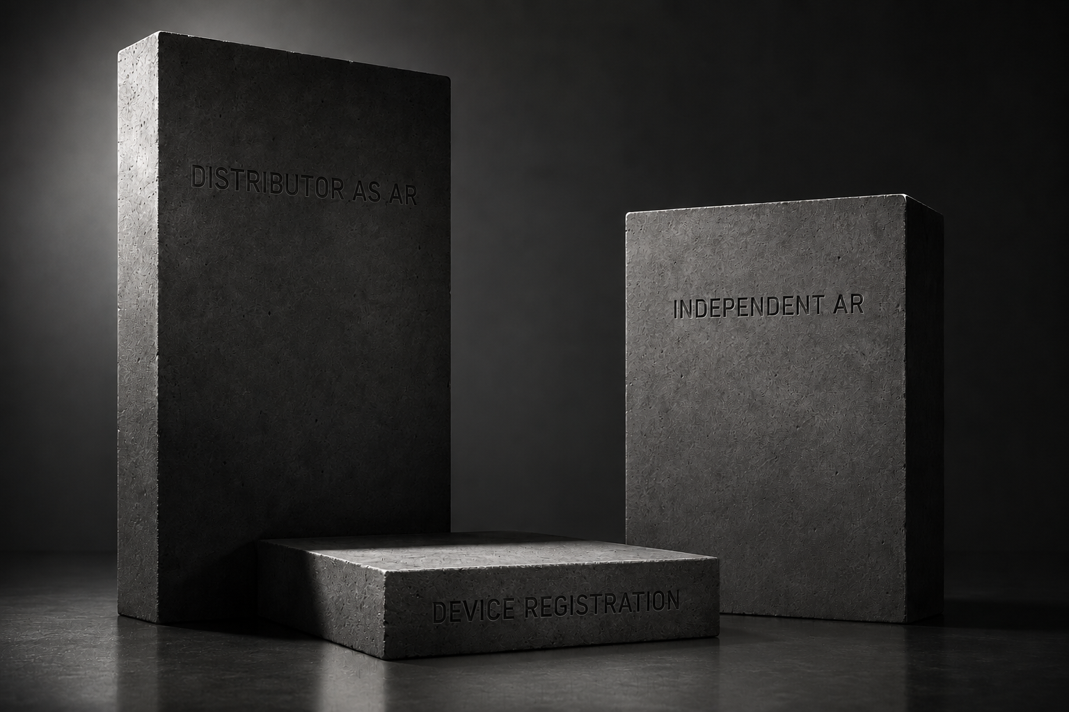 Three concrete monolith slabs on a dark studio floor. A dominant shadowed slab labelled Distributor as AR and a lighter balanced slab labelled Independent AR stand over a low block labelled Device Registration, with the distributor slab's shadow falling across the registration.