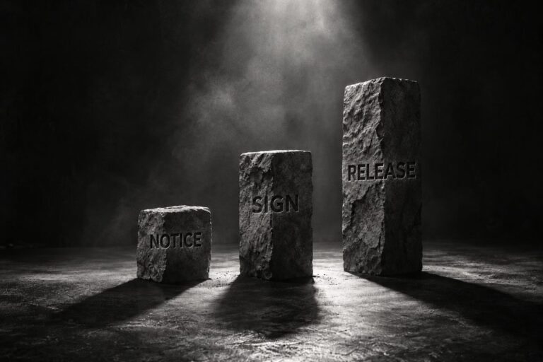 NOTICE, SIGN, RELEASE가 각각 새겨진 세 개의 석판이 낮은 순서대로 배열된 이미지로, 말레이시아 공인대리인 소유권 변경 절차의 순서를 나타낸다