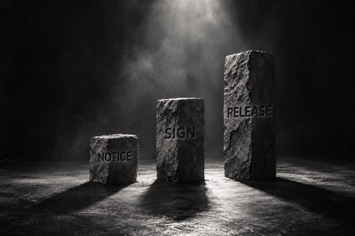 Three ascending stone slabs engraved NOTICE, SIGN and RELEASE, showing the Malaysian authorised representative change of ownership sequence