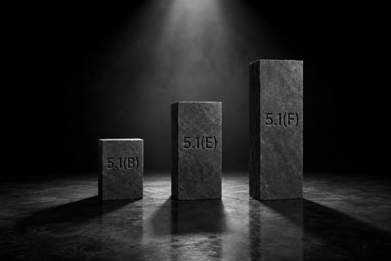 낮은 것부터 높은 순서로 배열된 세 개의 어두운 색 석판에 각각 DRGD 제5.1(B), 5.1(E), 5.1(F)조가 새겨져 있으며, 이는 말레이시아 제품등록보유자 명칭 제한이 제11차 개정에서 좁게 규정되었다가 제12차 개정에서 독립 조항으로 재구성된 과정을 상징함