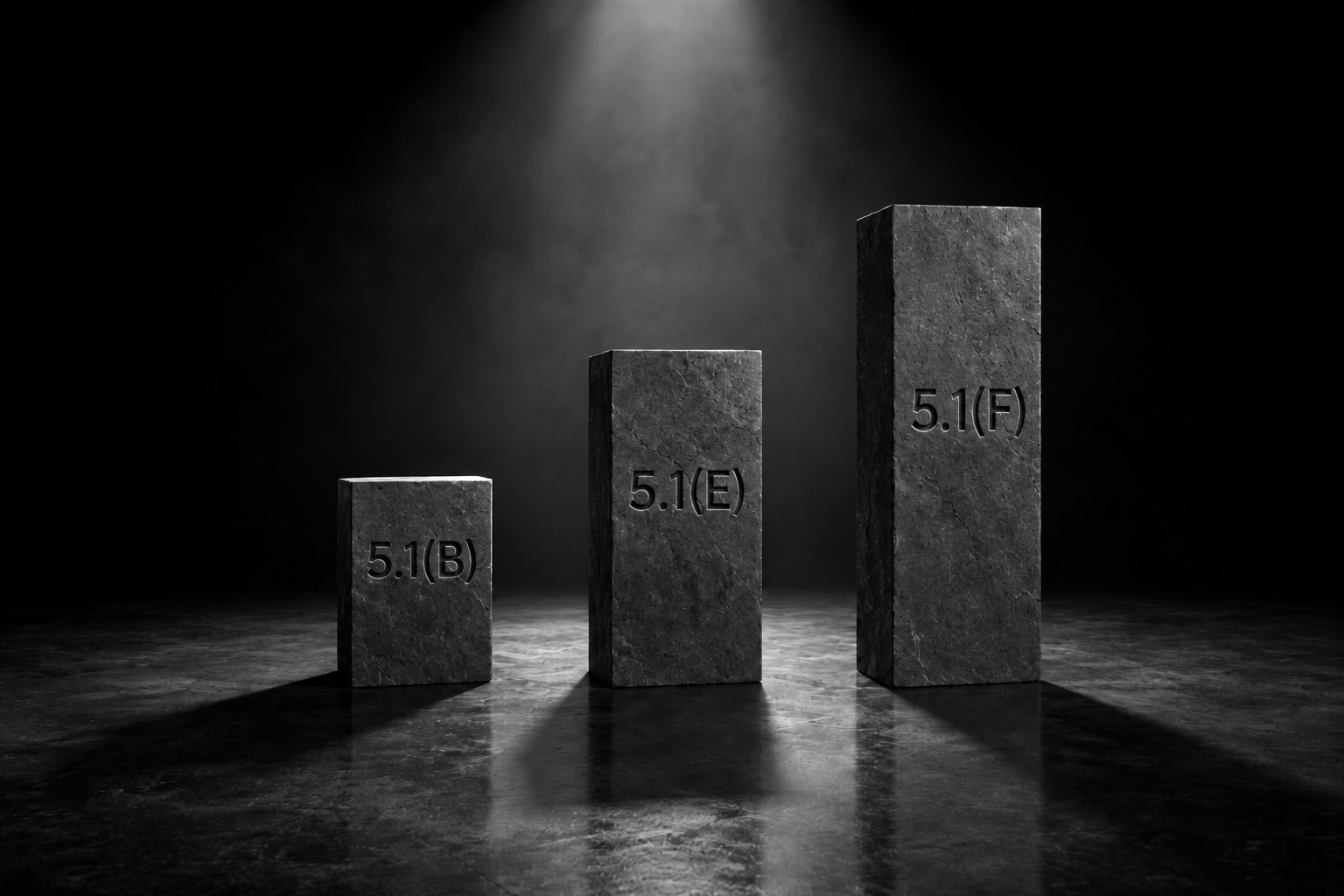 Three ascending dark stone slabs engraved with DRGD Section 5.1(B), 5.1(E), and 5.1(F), representing how Malaysia's Product Registration Holder naming restriction was narrowed under the 11th Revision and rebuilt into standalone clauses under the 12th Revision