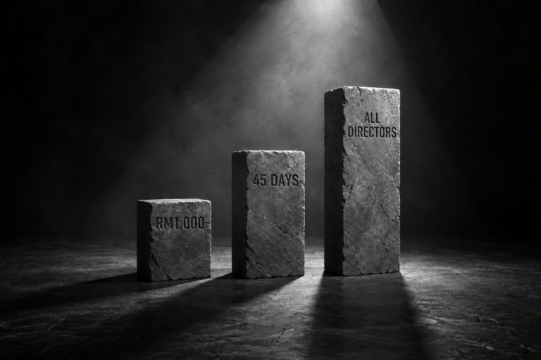 Three stone slabs engraved RM1,000, 45 working days and ALL DIRECTORS, the escalating requirements of a Malaysian PRH transfer under NPRA Appendix 31